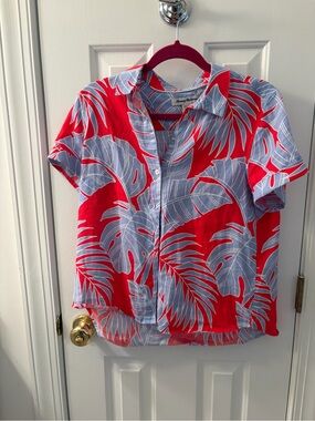 Tommy Bahama Red and Light Blue Tropical Palm-Leaf Button-Down Shirt